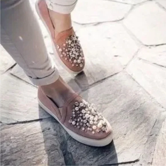 Stuart Weitzman Pearl Crystal Embellished Decor
White Platform Sneakers Slip Ons - Picture 1 of 14